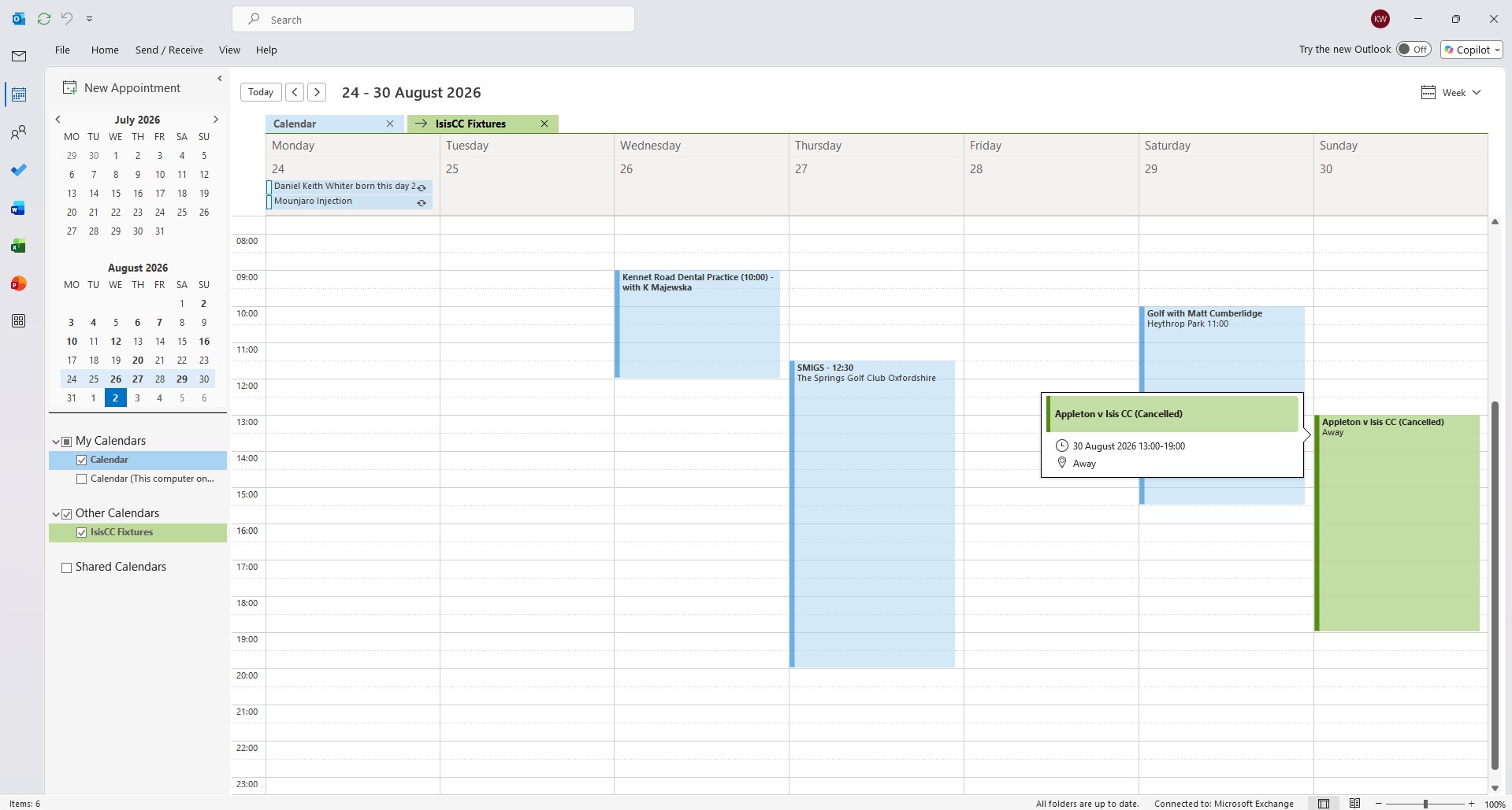 Outlook iCalendar subscription showing cancelled match